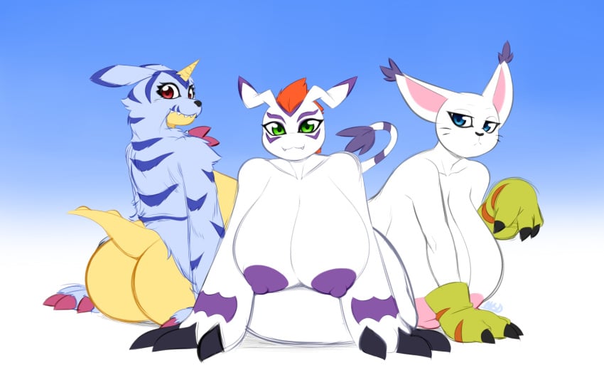 2017 anthro areola ass averyshadydolphin bandai_namco big_breasts big_butt blue_body blue_eyes blue_fur blue_markings breasts claws digimon digimon_(species) digital_media_(artwork) eyebrows fangs felid female fur gabumon gatomon gomamon green_eyes group hi_res horn huge_breasts looking_at_viewer mammal markings nipples nude red_eyes simple_background smile teeth thick_thighs wide_hips yellow_body yellow_fur