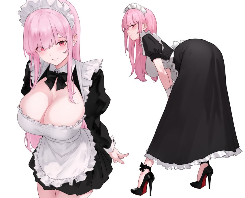 absurdres alternate_costume apron ass bent_over black_dress bluefield breasts cleavage dress enmaided eyes_visible_through_hair female female_only frilled_apron frills full_body hair_over_one_eye high_heels highres hololive hololive_english juliet_sleeves large_breasts long_dress long_hair long_sleeves looking_at_viewer maid maid_apron maid_headdress mori_calliope open_mouth pink_eyes pink_hair puffy_short_sleeves puffy_sleeves short_sleeves simple_background smile solo stiletto_heels virtual_youtuber waist_apron white_apron white_background