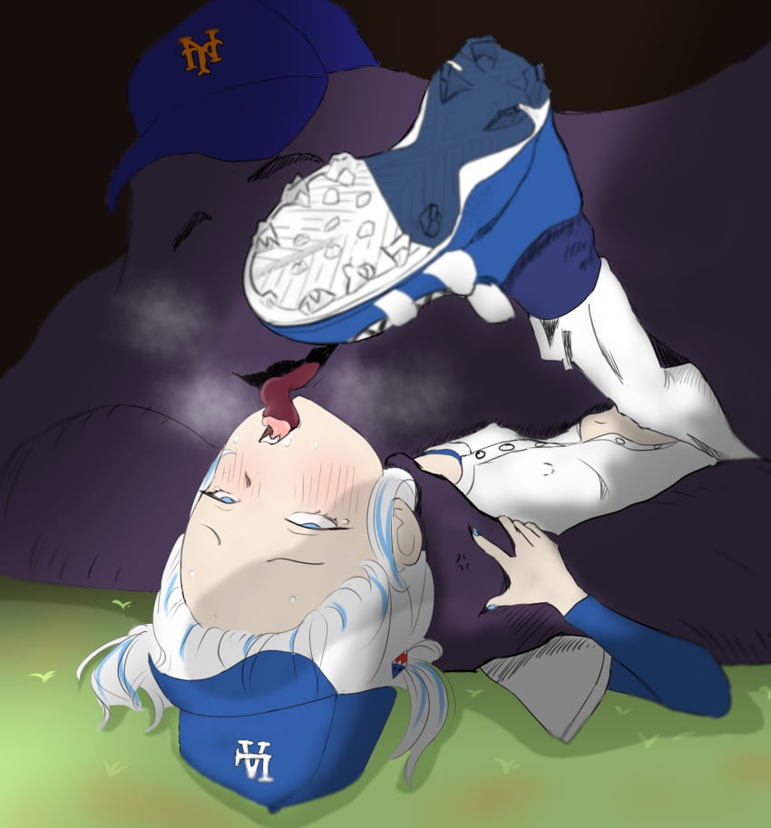 absurd_res animal_humanoid arm_grab asphyxiation baseball_(sport) baseball_cap baseball_uniform blue_eyes blue_hair breath choking clothing digital_media_(artwork) duo erect_nipples eye_roll faceless_character faceless_male female female_on_bottom fish fish_humanoid french_kissing gawr_gura grass grimace_(mcdonald's) hair hat headgear headwear hi_res highlights_(coloring) hololive hololive_en hololive_english humanoid kissing los_angeles_dodgers lying male male/female male_on_top marine marine_humanoid mascot mcdonald's mlb new_york_mets nipple_outline nipples on_back on_bottom on_top onekinginheaven open_mouth plant purple_body shark_humanoid sharp_teeth sport sportswear teeth throat_grab tongue tongue_out uniform virtual_youtuber vtuber white_hair