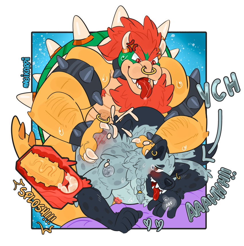 2boys absurd_res anal anal_sex anthro bodily_fluids bowser canid canine canis cum digital_media_(artwork) dragon duo fur furry furry_only gay gay_sex genital_fluids genitals hair hi_res magikarpii male male/male male_penetrated male_penetrating mammal mario_(series) muscular mythological_creature mythological_scalie mythology nintendo nipples open_mouth penetration penis red_hair scalie sex simple_background text wolf xray_view ych_(character)