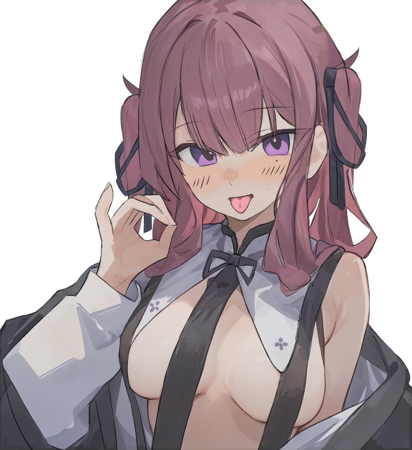 1girls blush breasts cevio fellatio_gesture female hairbow laceys_es looking_at_viewer mole mole_under_eye natsuki_karin no_bra purple_eyes purple_hair simple_background tongue tongue_out voiceroid white_background