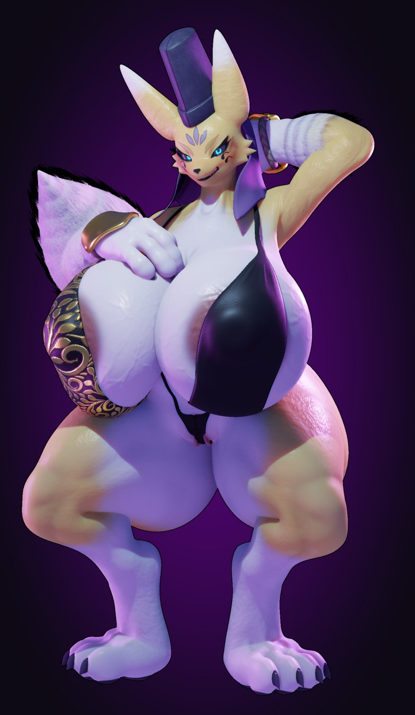 absurd_res anthro areola bandai_namco big_breasts bikini blue_eyes breasts clothing digimon digimon_(species) female genitals hand_behind_head hand_on_breast hat headgear headwear hi_res huge_breasts hyper hyper_breasts pussy solo spread_legs spreading swimwear tail taomon thick_thighs tiger_jhobs two-piece_swimsuit