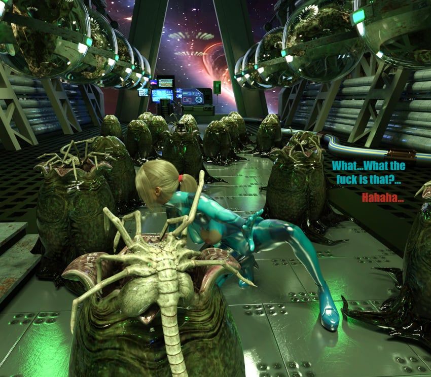 3d blonde_hair blue_eyes captured defeated defeated_heroine facehugger imminent_sex inminent_rape metroid monster samus_aran scared that3dartist zero_suit_samus