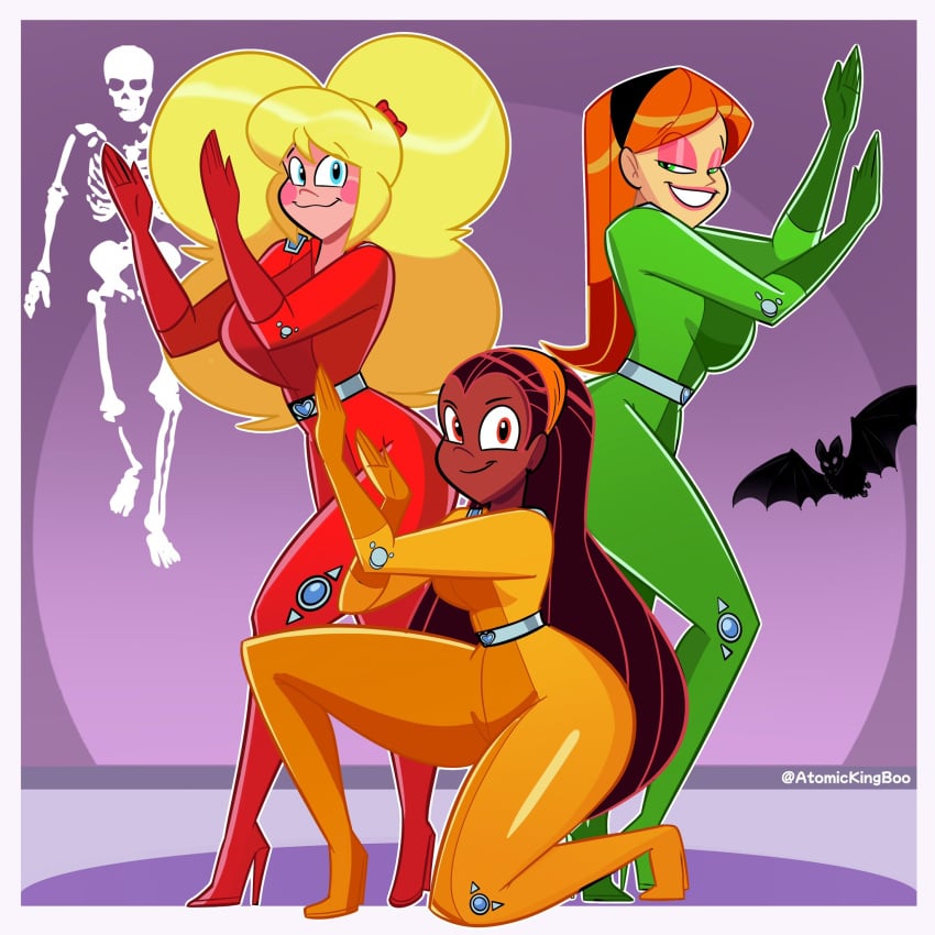 3girls alex_(totally_spies)_(cosplay) atomickingboo blonde_hair blue_eyes bodysuit breasts brown_hair clothed clover_(totally_spies)_(cosplay) crossover female female_only gloves green_eyes hairband half-closed_eyes long_hair looking_at_viewer orange_hair original original_character sam_(totally_spies)_(cosplay) sarah_mcneil shaylynn_summer smile tagme totally_spies wendy_wendy