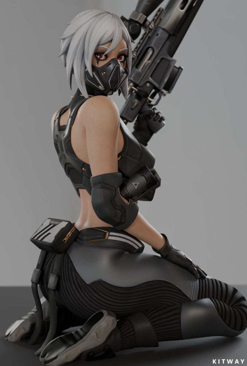 alternate_version_available ass_focus big_ass clothed clothed_female clothing female female_only fortnite fully_clothed fully_clothed_female holding_weapon hush_(fortnite) kitway looking_back looking_back_at_viewer mask masked masked_female necklace on_knee pinup sfw solo solo_female