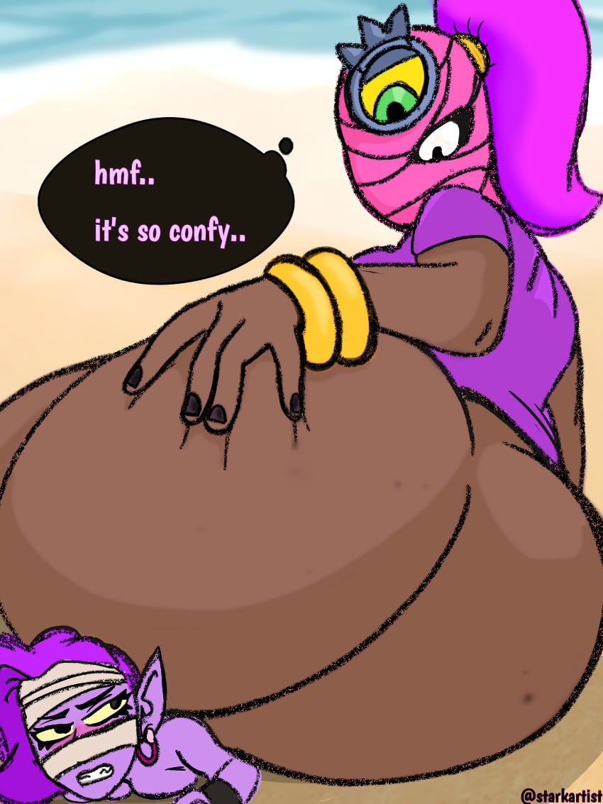 ass ass_expansion ass_focus big_ass big_thighs blush brawl_stars crushed_by_ass emz_(brawl_stars) giant_ass giantess gigantic_ass naked tacitusart tara_(brawl_stars) thick_ass yuri