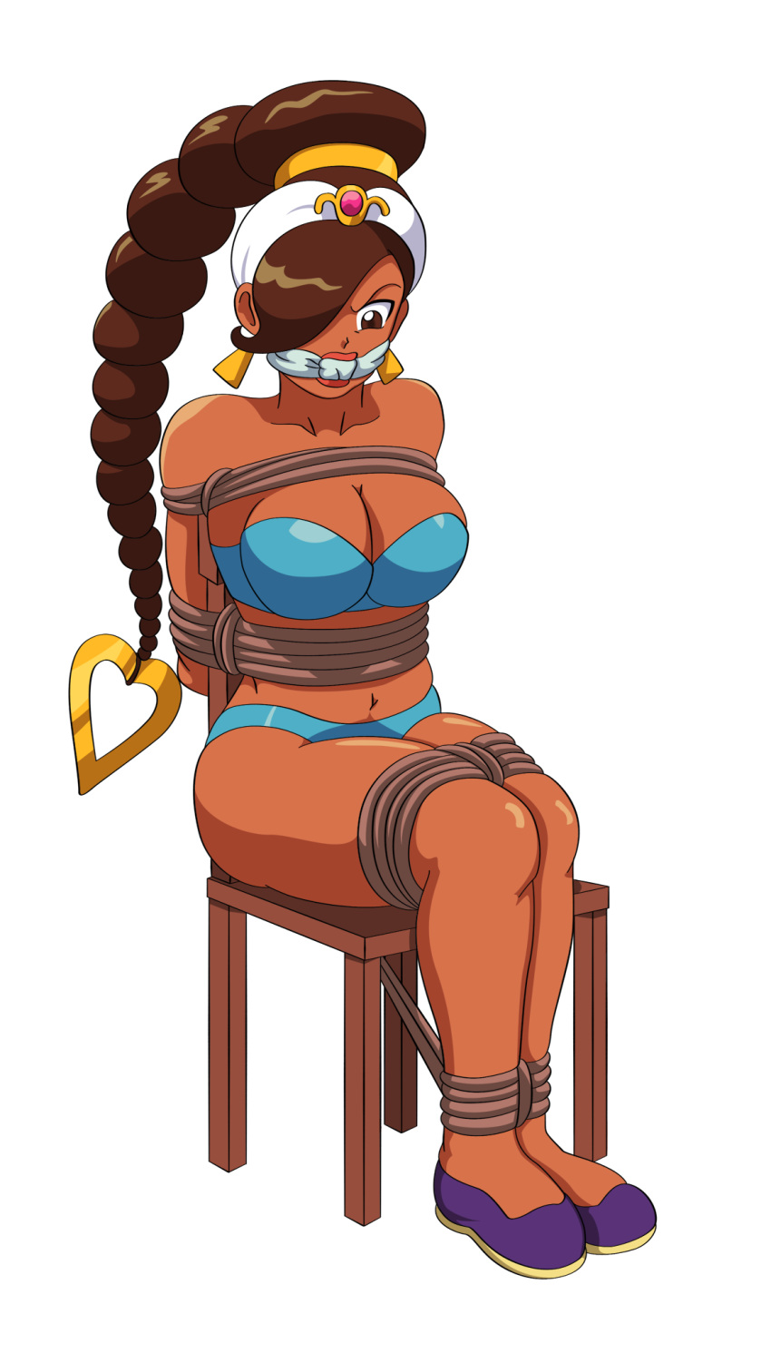 1girls arms_behind_back bare_shoulders bikini blue_bikini blue_lingerie blue_swimsuit bondage bound bound_ankles bound_arms bound_legs breasts brown_eyes brown_hair capcom chair cleavage cleave_gag cloth_gag dark-skinned_female earrings female gag gagged hair_over_one_eyes lingerie long_hair merinthos ponytail power_stone rope ropes rouge_(power_stone) sitting solo strapless_bra swimsuit tied tied_up tube_top