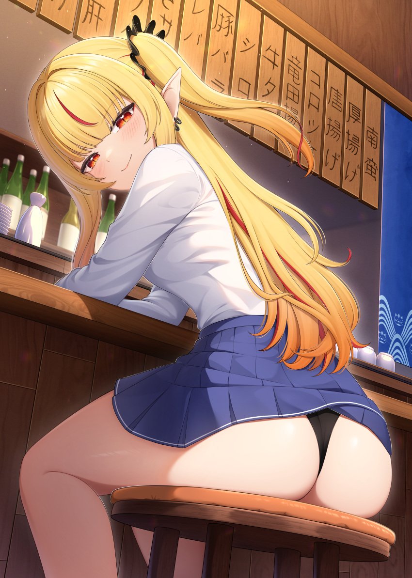 1girls black_panties blonde_hair blush clothed clothing ear_piercings eternals_(idol_corp) female female_only idol_corp idol_es indoors light-skinned_female light_skin miniskirt panties pantyshot piercings pointy_ears red_eyes restaurant ruby_runeheart sitting sitting_on_stool skirt solo stool virtual_youtuber vtuber witch yisusjpl