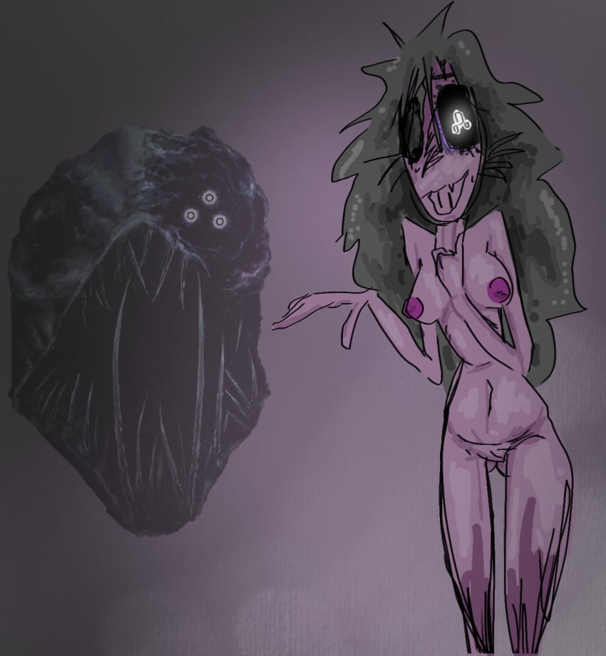 1girls 2d 2d_(artwork) 2d_artwork anglerfish black_eyes blitz_(pressure) cosplay female female_only fish grey_hair little_tits long_hair minstlu monster monster_girl pink_body pressure_(roblox) purple_body purple_skin reference_image roblox roblox_game rule_63 slender slender_body tagme