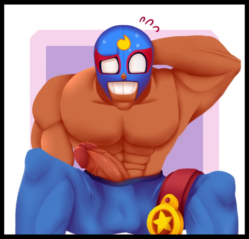 1boy abs bara belt big_penis brawl_stars bulge dark-skinned_male dark_skin el_primo_(brawl_stars) fighter gay half-erect hi_res looking_at_viewer male male_only mask muscular muscular_male pants penis simple_background sitting smile solo solo_focus sweat teeth