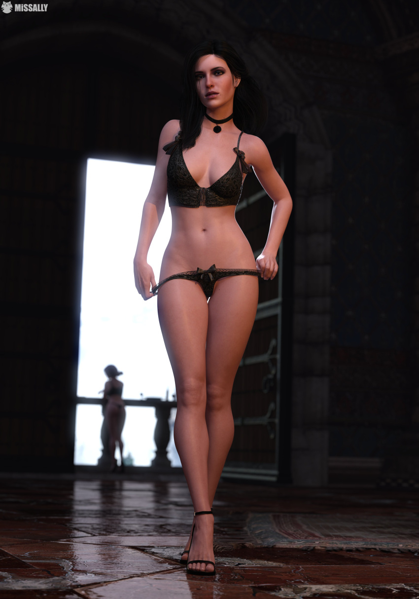 2girls 3d ass black_hair bra breasts collar feet female high_heels kaer_morhen light-skinned_female lingerie looking_at_viewer missally panties purple_eyes the_witcher_(series) the_witcher_3:_wild_hunt triss_merigold underwear undressing yennefer