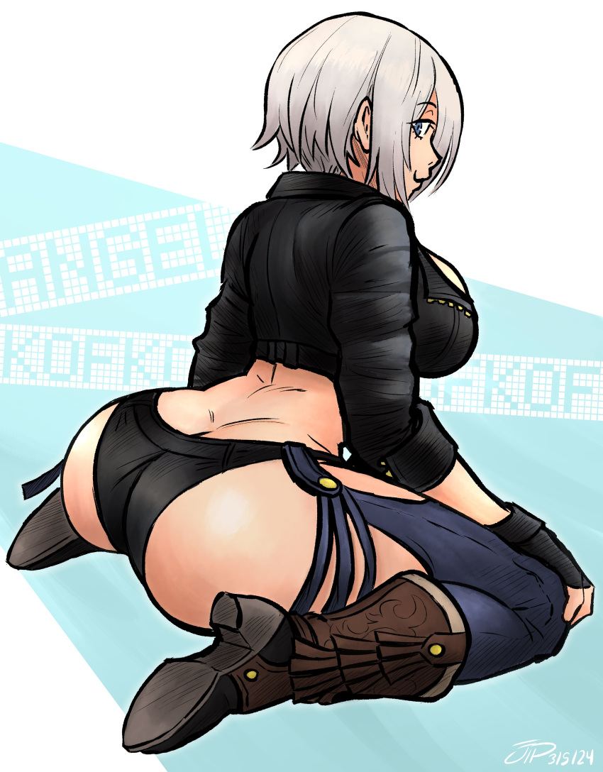 1girls :3 absurdres angel_(kof) artist_name ass ass_focus back backless_pants black_jacket black_panties blue_background blue_eyes blue_pants boots booty breasts brown_footwear butt_crack chaps character_name closed_mouth copyright_name cowboy_boots crop_top cropped_jacket dated eyebrows eyelashes female female_focus from_behind from_side full_body hand_on_own_knee highres huge_ass jacket king_of_fighters large_breasts leaning_forward leather leather_jacket looking_at_viewer looking_back looking_to_the_side panties pants profile revealing_clothes short_hair short_sleeves sidelocks simple_background sitting smug snk solo thighs two-tone_background underwear videajames wariza white_background white_hair