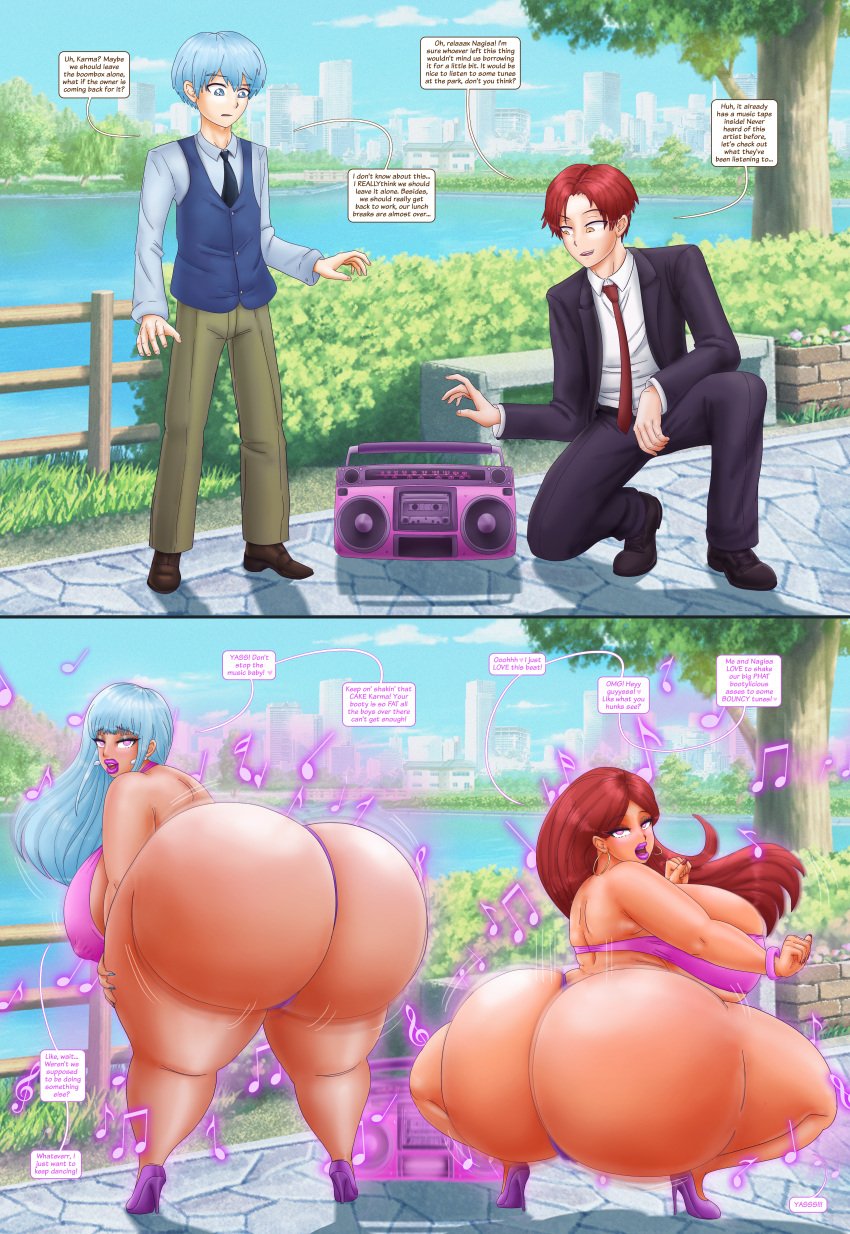 2boys 2girls akabane_karma alternate_breast_size ass_expansion assassination_classroom before_and_after bimbofication boombox bra breast_expansion dancing english_text eye_color_change female fully_clothed gender_transformation gold_boombox_(prevence) hair_color_change hair_growth high_heels huge_ass huge_breasts hyper_ass hyper_breasts hypnotic_music male male_only midriff mtf_transformation multiple_boys multiple_girls panties plump post_transformation pre-transformation rule_63 saturnxart shiota_nagisa text thick_thighs thigh_expansion thong transformation twerk_hypnosis twerking wide_hips