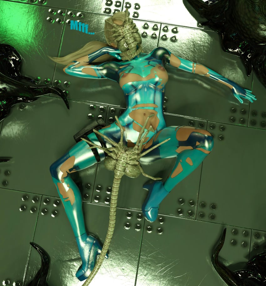 3d blonde_hair blue_eyes captured defeated defeated_heroine facehugger metroid monster rape samus_aran scared that3dartist torn_clothes torn_clothing zero_suit_samus