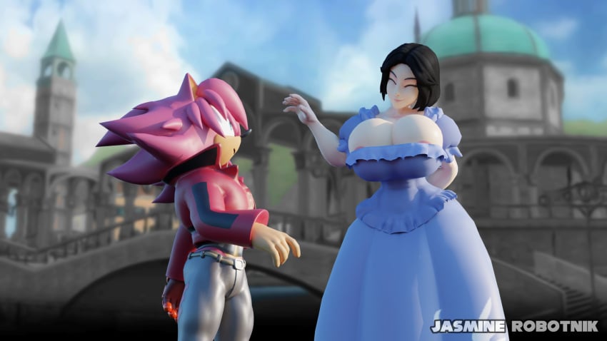 1boy 3d 3d_(artwork) ace_(blackchaos64) anthro big_breasts black_hair blender_(software) blender_cycles breast_overflow closed_eyes clothed exposed_areolae exposed_nipples female greeting hedgehog human jacket jasmine_robotnik jasminerobotnik kabalmystic large_breasts original_characters princess smile sonic_(series) sonic_the_hedgehog_(series) waving