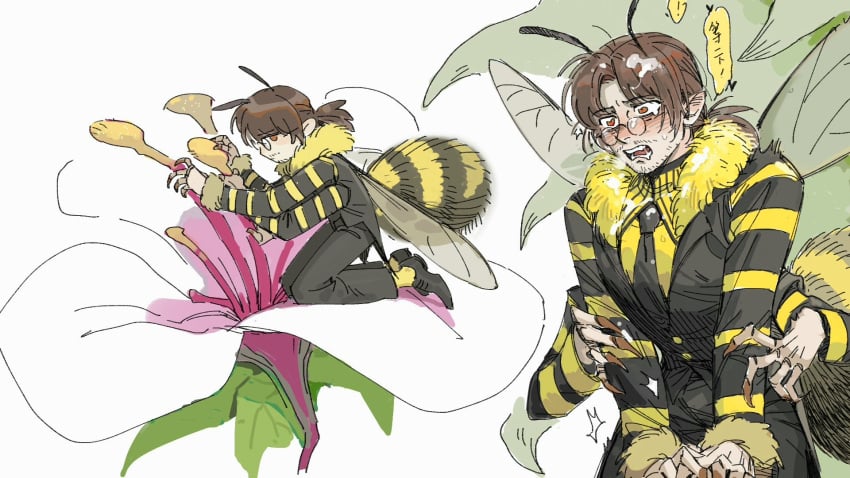 antennae bee bee_abdomen bee_person blushing bug_abdomen bug_ass bug_features bug_wings clothed cum cum_in_hair cum_on_face cute_male flower fully_clothed glasses gregor_(limbus_company) harvesting_pollen japanese_text limbus_company long_nails looking_behind micro multi_arm multi_limb on_knees pollen project_moon stripped_sleeves