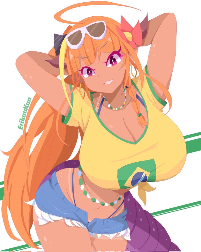 1girls alternate_skin_color artist_request beads brazil brazilian brazilian_female brazilian_miku brazilian_miku_(cosplay) erikuukun hatsune_miku hololive huge_breasts kiryu_coco looking_at_viewer orange_hair tanned tanned_skin virtual_youtuber vocaloid waist_beads