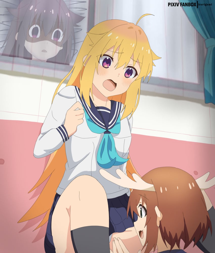 blonde_hair blushing brown_hair deer deer_girl deer_horns koshi_anko koshi_torako kurigamiin long_hair purple_eyes school_uniform schoolgirl shikanoko_noko shikanoko_nokonoko_koshitantan spread_legs spread_pussy yuri