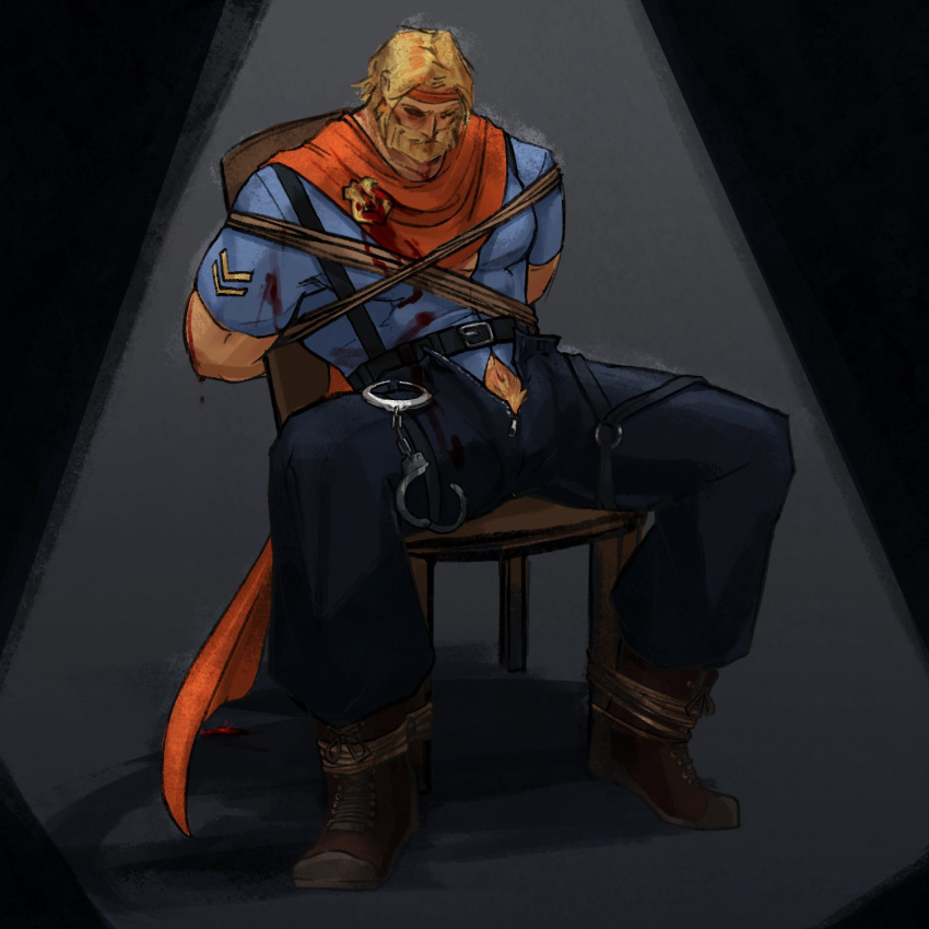 1boy 2024 anjinoodles ankles_tied badge bandana bandanna bara beard belt bleeding blonde_hair blonde_hair_male blood blood_on_face bound bound_arms bound_legs brown_shoes cape chair_bondage clothed clothed_male darkest_dungeon dubious_consent full_beard fully_clothed gay handcuffs harness houndmaster_(darkest_dungeon) male male_focus male_only man_boobs man_tits manboobs modern_au muscular muscular_male no_visible_genitalia police police_badge police_officer police_uniform pubes pubic_hair rope rope_bondage shoes shoes_on sitting solo solo_male spotlight spread_legs suggestive yellow_hair zipper_pull_tab