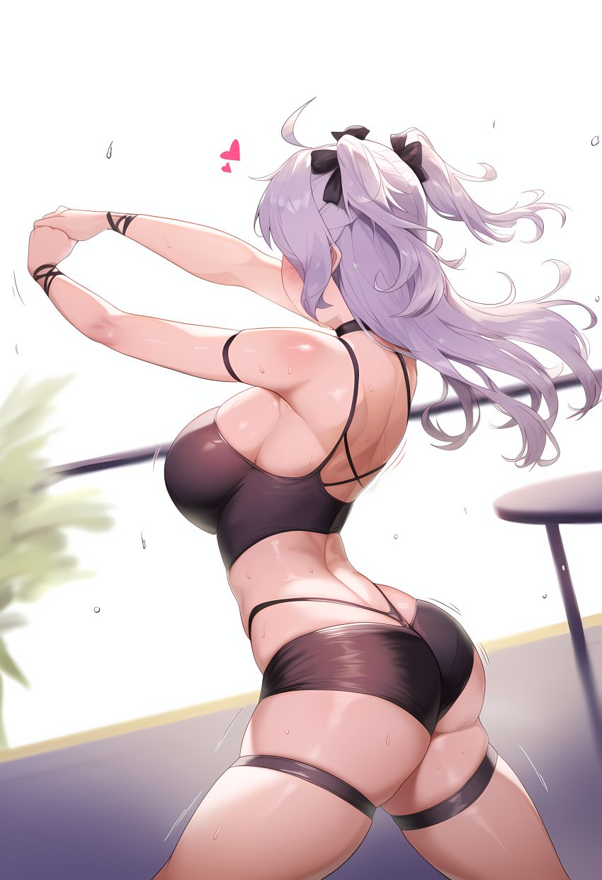 1girls ahoge ai_generated arched_back arm_strap ass ass_cleavage athletic_female back back_view backboob bare_shoulders big_ass big_butt blush body_blush bracelet breasts bubble_ass bubble_butt choker cowboy_shot crop_top curvy dancer dancing day facing_away female female_focus female_only fit_female floating_hair flying_sweatdrops from_behind grey_hair hair_ornament hair_ribbon heart heart_symbol hi_res highres holding_hands huge_breasts izacru0 light-skinned_female light_skin long_hair looking_away minishorts motion_lines no_bra original original_character outdoors portrait rear_view ribbon short_shorts shorts silver_hair simple_background skin_tight skindentation solo solo_female solo_focus sportswear straps string_panties sweat sweatdrop table thick thick_ass thick_thighs thigh_strap two_side_up very_high_resolution white_hair wide_hips