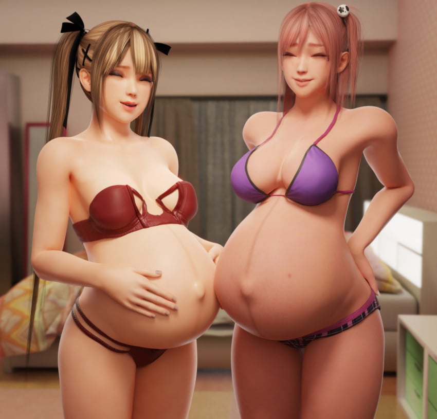 2girls 3d belly big_belly blonde_hair bra breasts cleavage dead_or_alive female hdddestroyer honoka_(doa) linea_nigra marie_rose multiple_girls multiple_pregnancies outie_navel panties pink_hair pregnant twintails