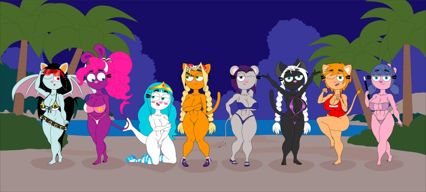 8girls alternate_version_available amantepokemon anna_(amantepokemon) anna_(evilkinglich) bat bat_ears bat_girl bat_humanoid bat_wings beach beach_background beltskirt big_breasts big_hips bikini bikini_top black_fur black_hair blonde_hair blue_bikini blue_eyes blue_heels blue_sandals blue_shoes blue_swimsuit blushing_female bow cat_girl cat_humanoid cat_pose chubby_female convenient_censoring convenient_censorship covering_breasts covering_pussy covering_self cow_horns cow_tail daphne_(amantepokemon) daphne_(evilkinglich) dog dog_girl dog_humanoid evilkinglich feline fringe fringe_hair googles green_eyes grey_fur hair_braid heel_boots holding_wand hybrid karen_(amantepokemon) karen_(evilkinglich) kneehighs kneeling laura_(amantepokemon) laura_(evilkinglich) light_blue_eyes light_blue_fur light_blue_hair light_blue_shoes light_pink_fur light_red_hair lion lion_girl lion_humanoid lion_tail lioness long_hair looking_at_another looking_each_other magic_wand marceline_(amantepokemon) marceline_(evilkinglich) megan_(amantepokemon) megan_(evilkinglich) misty_(amantepokemon) misty_(evilkinglich) mouse mouse_girl mouse_humanoid mouse_tail naked_footwear naked_headwear naked_heels night night_time orange_fur orange_hair panther panther_girl panther_humanoid pigtails pink_bikini pink_bow pink_fur pink_hair pink_swimsuit pokeball_clothing ponytail posing posing_for_the_viewer puffy_hair purple_bikini purple_eyes purple_fur purple_hair purple_shoes purple_swimsuit rabbit rabbit_girl rabbit_humanoid red_eyes red_fur red_headwear school_swimsuit seal seal_girl seal_humanoid seal_tail seaside selina_(amantepokemon) selina_(evilkinglich) shiny_shoes short_hair sling_bikini slingshot_bikini slingshot_swimsuit sukumizu sunglasses_on_forehead swimsuit tennis_shoes tiara ultra_ball white_hair white_skin white_stripes wink winking_at_viewer yin_yang_yo!_oc