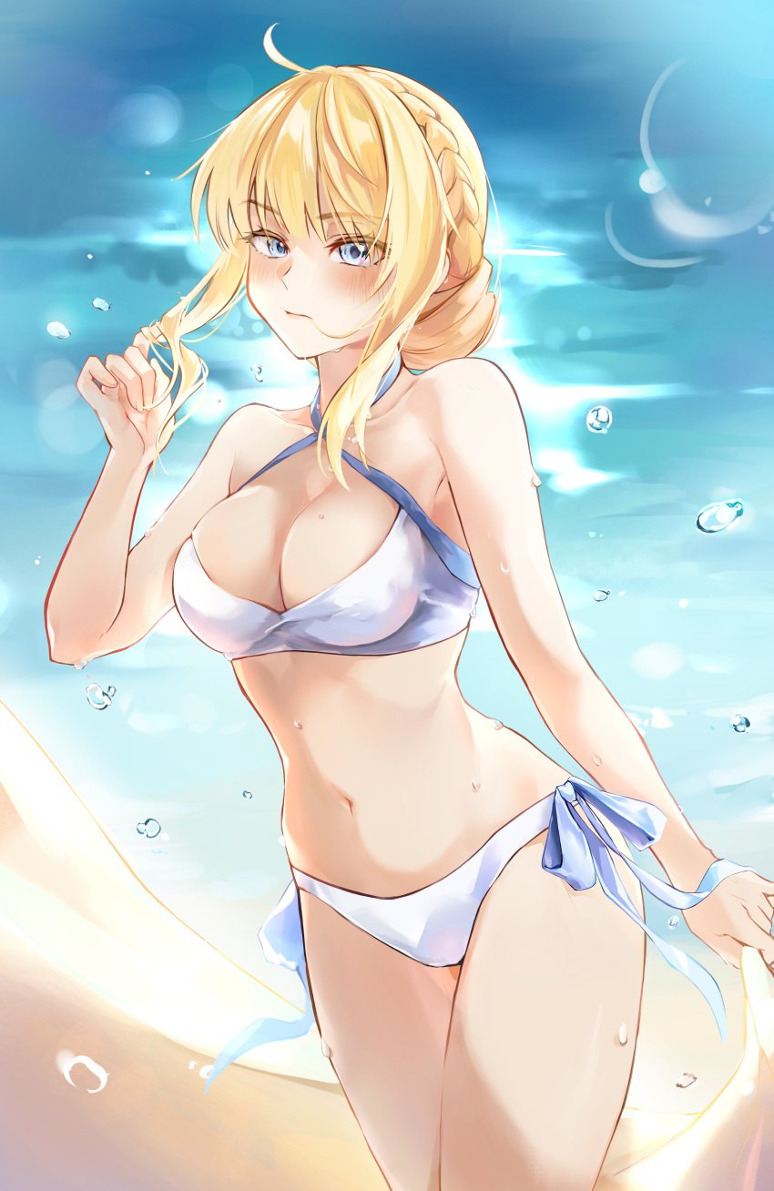 1girls artoria_pendragon_(cosplay) beach bikini blonde_hair breasts cleavage crossover elden_ring female female_only fromsoftware needle_knight_leda shadow_of_the_erdtree shengyuan3 summer wet