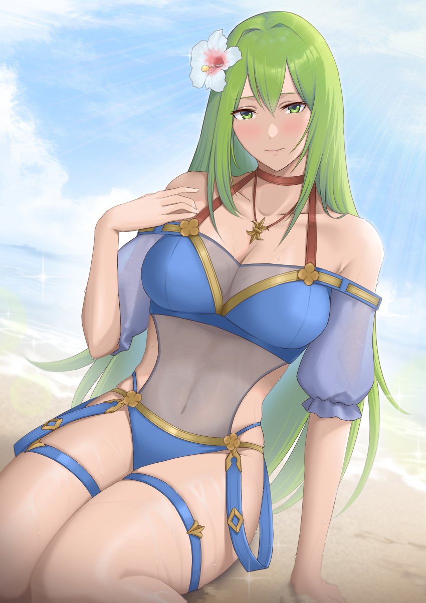 beach blush fire_emblem fire_emblem:_path_of_radiance fire_emblem:_radiant_dawn flower_in_hair furo_atsushi green_eyes green_hair nephenee_(fire_emblem) swimsuit