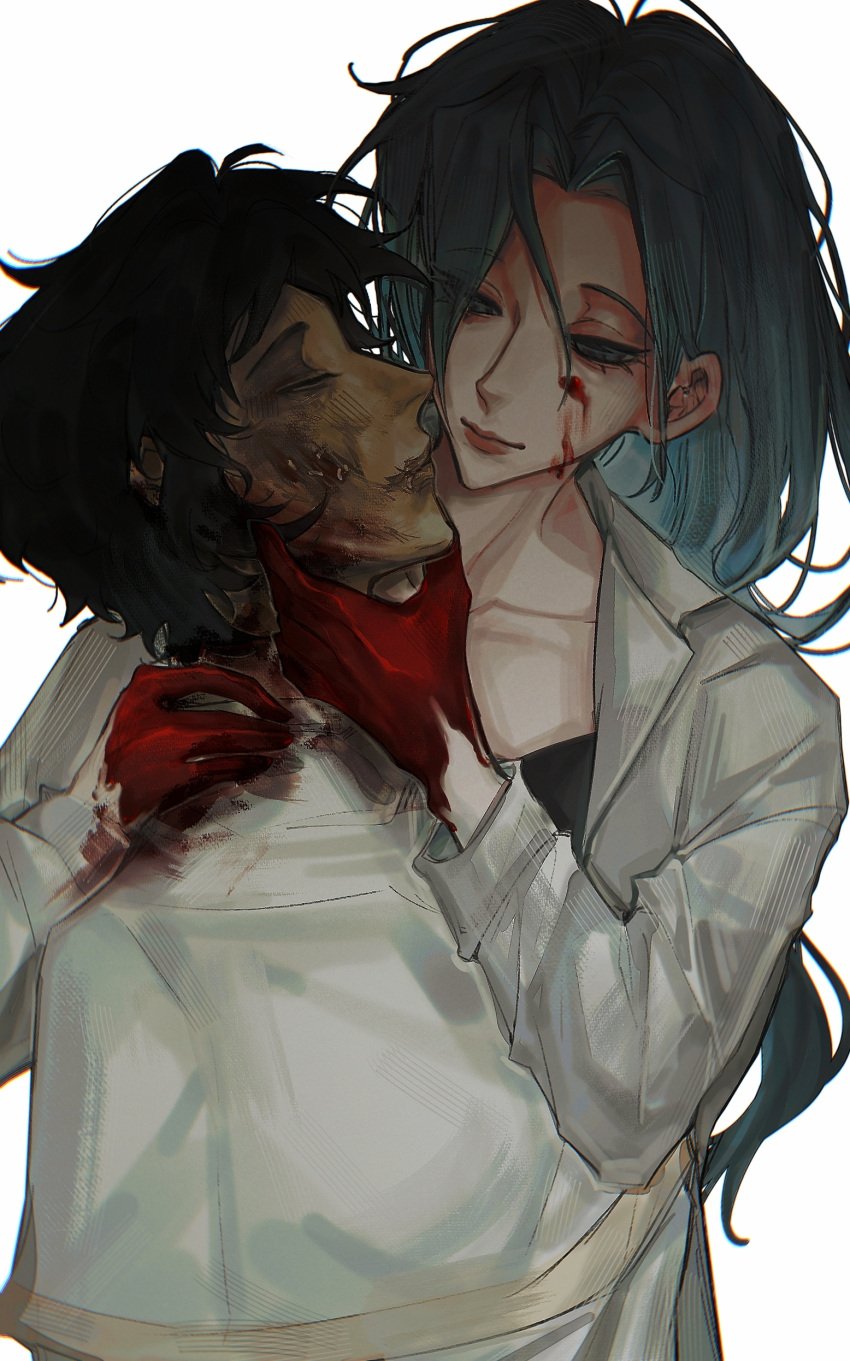 2girls absurdres black_hair black_shirt blood blood_on_face blood_on_hands blue_eyes blue_hair capelet chinese_commentary closed_eyes closed_mouth collarbone commentary_request corpse enomoto_noa gold_trim hand_on_another's_shoulder highres isoi_rai jacket long_hair long_sleeves multiple_girls open_clothes open_jacket saibou_shinkyoku shirt short_hair simple_background sputniklover-1 white_background white_jacket white_shirt