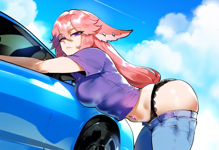 1girls ai_generated ass bent_over black_panties blue_sky car genshin_impact jeans lace leaning leaning_forward looking_at_viewer navel_piercing on_car outdoors pink_hair solo tagme to yae_miko