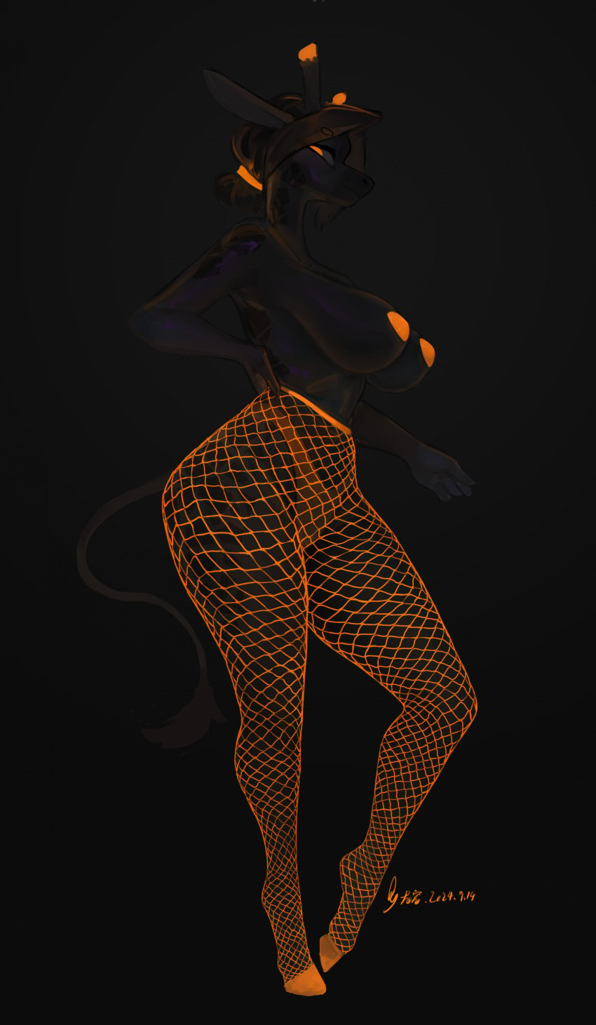 absurd_res accessory anthro ass big_breasts big_butt breasts clothing female female_focus fishnet_clothing fishnet_legwear glowing glowing_horn glowing_nipples hair_accessory hair_tie hi_res hooves horn legwear looking_at_viewer nipples shanher solo thick_thighs