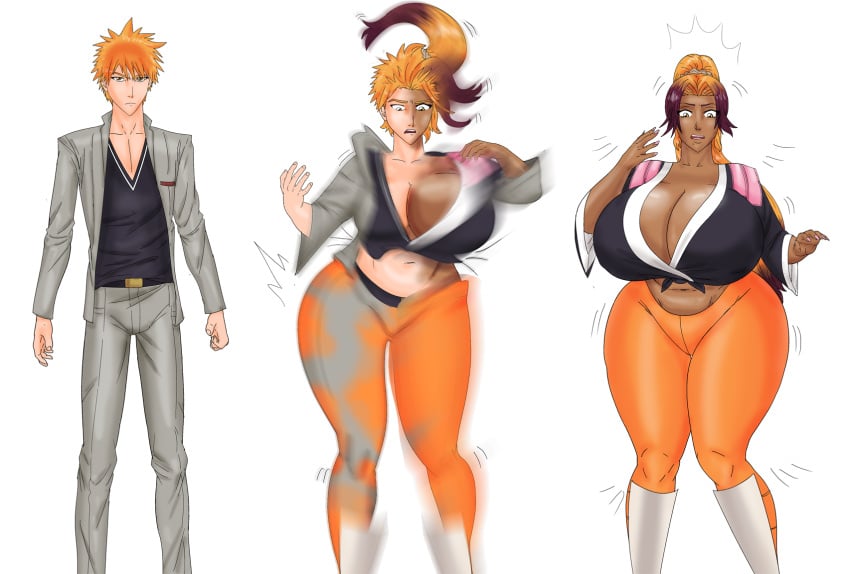 1boy 1girls age_progression ass_expansion bleach breast_expansion dialogue fusion_character gender_transformation hair_growth hi_res highres hourglass_expansion hourglass_figure huge_ass huge_breasts huge_hips ichigo_kurosaki lip_expansion matsumoto_rangiku matsumoto_rangiku mental_transformation mtf_transformation saturnxart sequence shihouin_yoruichi speech_bubble thigh_expansion transformation