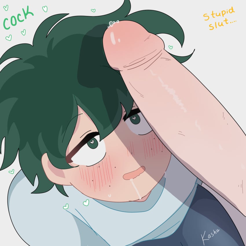 2boys 2males ahe_gao bakugou_katsuki big_penis blush boku_no_hero_academia cock cock_hungry cock_worship cute_male degradation degradation_text deku dialogue drooling erect_penis femboy gay green_eyes green_hair happy heart-shaped_pupils izuku_midoriya katsuki_bakugou large_penis looking_down midoriya_izuku my_hero_academia penis_focus penis_in_face penis_on_face penis_out precum shirt short_hair tongue yaoi