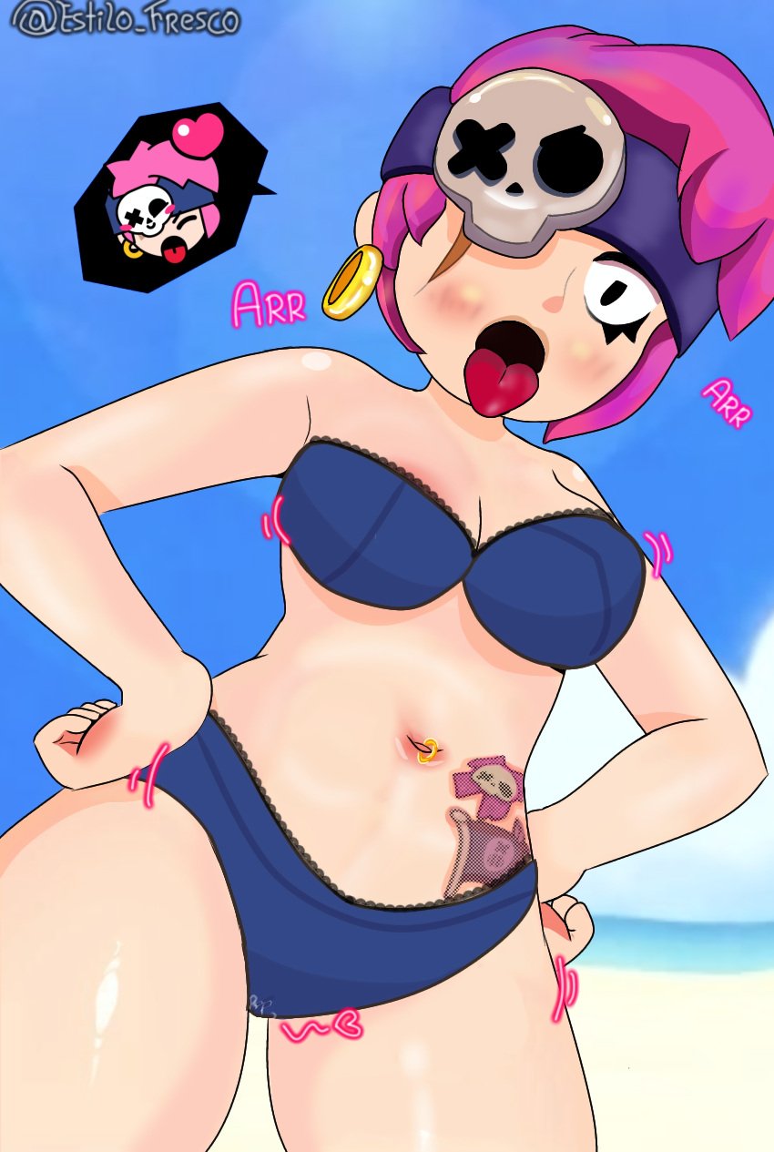 beach bikini bikini_top brawl_stars breasts estilo_fresco girl looking_down penny_(brawl_stars) perspective pirate purple_bikini purple_bra purple_hair