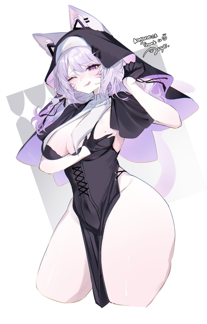 animal_ears artist_name bangs bare_shoulders black_dress blush breasts cat_ears cleavage closed_mouth cowboy_shot cropped_legs dress eyebrows_visible_through_hair female gloves habit hair_between_eyes heart hood large_breasts looking_at_viewer nun one_eye_closed pelvic_curtain purple_eyes signature silver_hair smile solo squchan_(vtuber) striped thighs tongue tongue_out virtual_youtuber vyugen