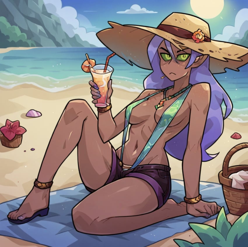 aaravi_mishra adventurer ai_generated alcohol beach bikini dark-skinned_female female female_focus long_hair looking_at_viewer monster_prom ocean purple_hair sand sun_hat swimsuit umbrella_drink