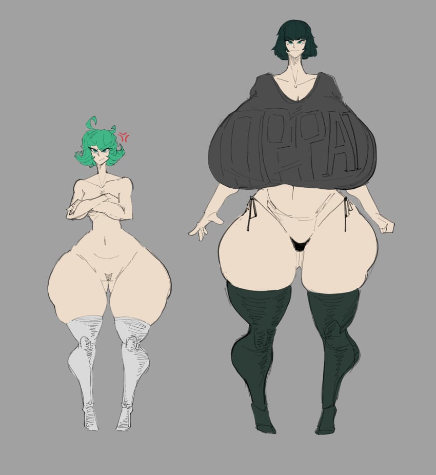 2girls alternate_breast_size breasts_bigger_than_head female female_only fubuki_(one-punch_man) gigantic_breasts green_hair hips_wider_than_shoulders hyper_breasts massive_breasts multiple_girls mybigbaws one-punch_man short_hair stockings tatsumaki thick_thighs wide_hips