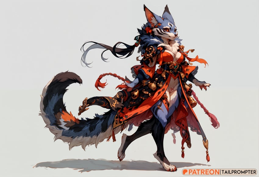 1girl animal_ears black_fur black_hair body_fur breasts claws cleavage full_body furry furry_female grey_background japanese_clothes large_breasts long_hair long_sleeves looking_at_viewer medium_breasts orange_eyes orange_fur red_eyes shadow sharp_fingernails sharp_toenails simple_background smile snout solo standing tail tassel tattoo trailprompter white_background wide_sleeves