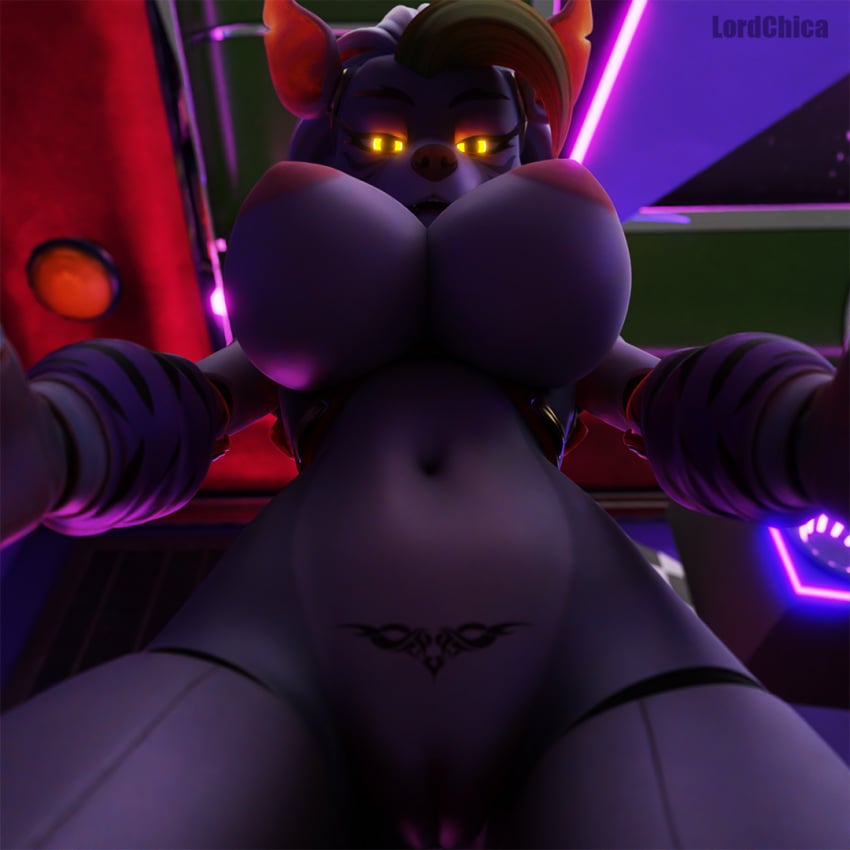 1:1 3d_(artwork) animatronic anthro black_nose breasts canid canine canis digital_media_(artwork) female first_person_view five_nights_at_freddy's five_nights_at_freddy's:_security_breach genitals glowing glowing_eyes green_hair hair living_machine looking_at_viewer lordchica_(artist) low-angle_view machine mammal markings pussy robot roxanne_wolf roxanne_wolf_(mayosplash) scottgames solo steel_wool_studios synthetic wolf yellow_eyes