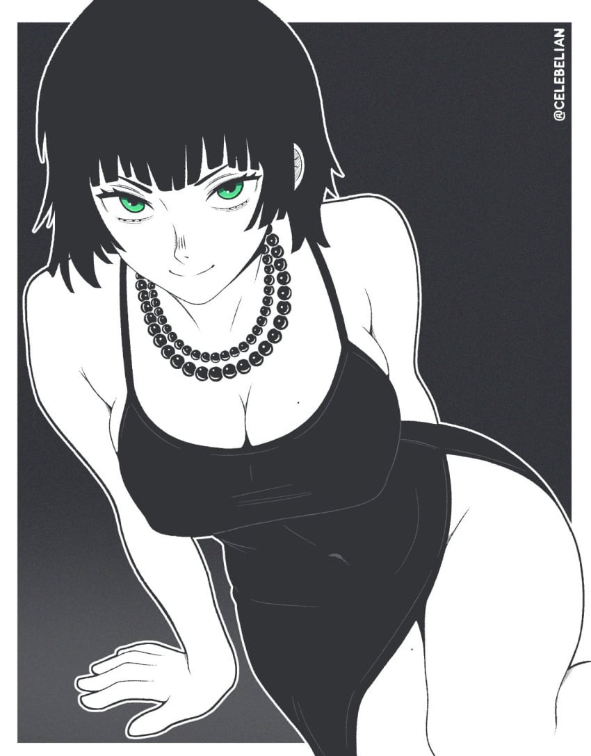 big_breasts breasts celebelian cleavage dress fubuki_(one-punch_man) looking_at_viewer nipple_bulge no_panties one-punch_man sitting thick_thighs thighs