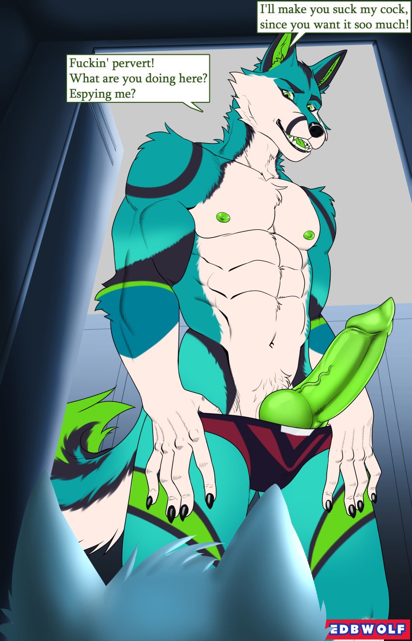 absurd_res anthro belly biceps blue_body canid canine clothing dialogue edbwolf english_text erection fox genitals green_eyes green_nipples green_penis hi_res knot knotted_penis locker_room male mammal muscular muscular_male nipples penis profanity smile solo text underwear white_belly