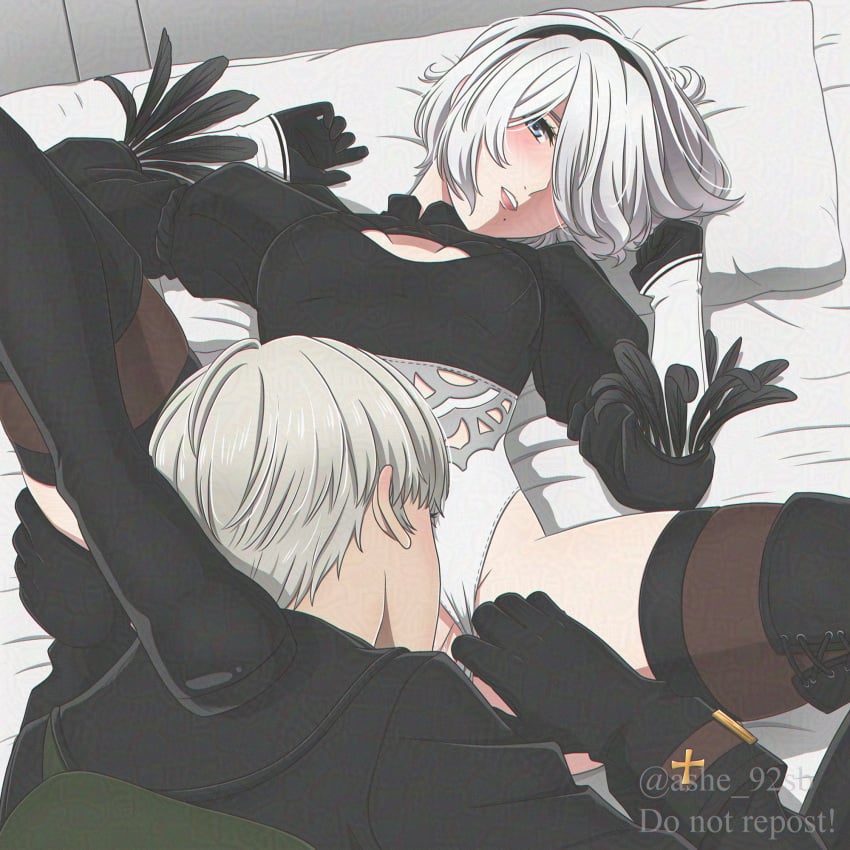 1boy black_hairband black_thighhighs boots clothing_aside cunnilingus female hairband highres juliet_sleeves leotard leotard_aside long_sleeves mole mole_under_mouth nier:_automata nier_(series) no_blindfold open_mouth oral puffy_sleeves shirl_geem short_hair straight thighhighs thighhighs_under_boots thong_leotard white_hair white_leotard yorha_2b yorha_9s