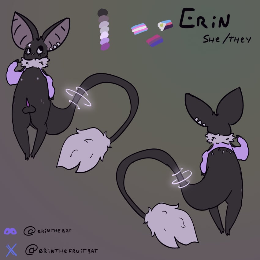 1:1 absurd_res anthro balls bat black_body black_fur clothed clothing discord_logo english_text erin_(erinthebat) erinthebat fur genitals hi_res male mammal model_sheet multicolored_body partially_clothed penis piercing solo text trans_(lore) twitter_handle