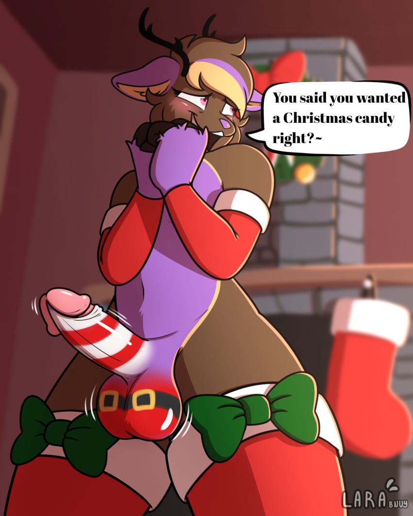 absurd_res anthro artist_name balls blush bottomwear brown_body christmas christmas_clothing christmas_decorations christmas_ornament clothed clothing deer digital_media_(artwork) english_text erection femboy fur furry furry_male furry_only genitals hi_res holidays hooves humanoid_genitalia larabnuy looking_at_viewer male mammal open_mouth partially_clothed penis shy simple_background smile solo solo_focus speech_bubble text