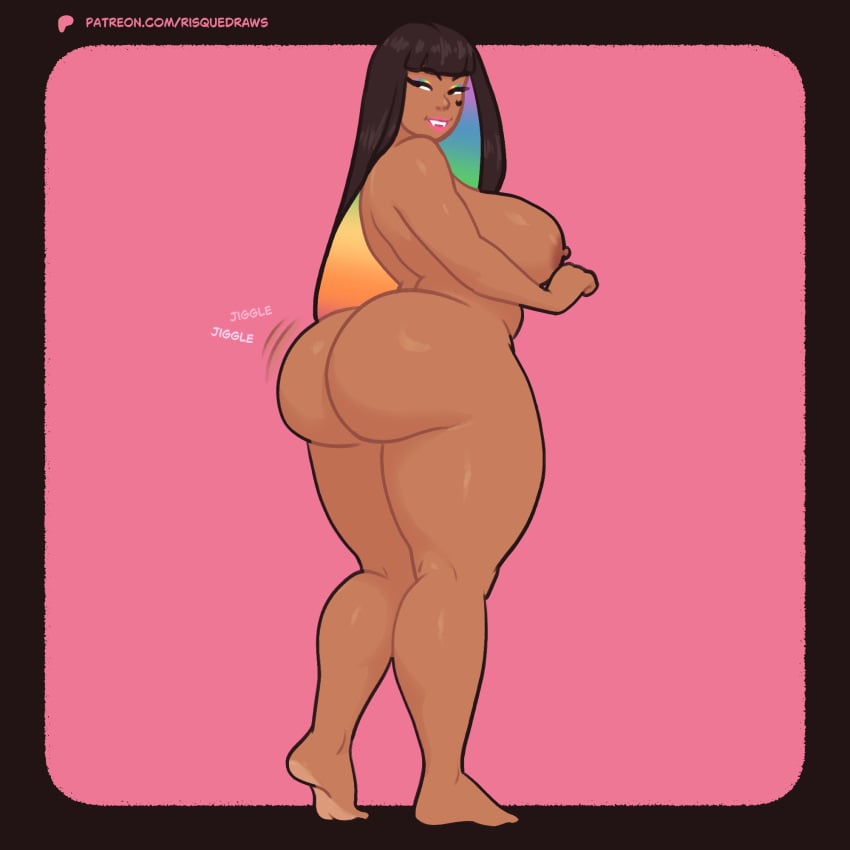 1girls areolae ass big_ass big_breasts black_hair breasts dark-skinned_female dark_skin female female_only full_body heart_tattoo hi_res long_hair looking_back multicolored_hair narrowed_eyes nipples nude nude_female pink_lipstick rainbow_hair risquedraws slightly_chubby solo sona_(cinnabus) tattoo_under_eye thick_ass thick_thighs