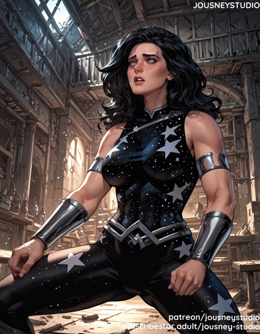 ai_generated armlet bare_shoulders belt black_hair blue_eyes blush bodysuit bracer breasts clothing dc dc_comics donna_troy female female female_only gloves indoors jewelry jousneystudio large_breasts lips long_hair looking_at_viewer medium_breasts muscle muscular_female open_mouth parted_lips sitting sleeveless solo spread_legs star_(symbol) superhero teeth toned wonder_girl wonder_girl_(donna)