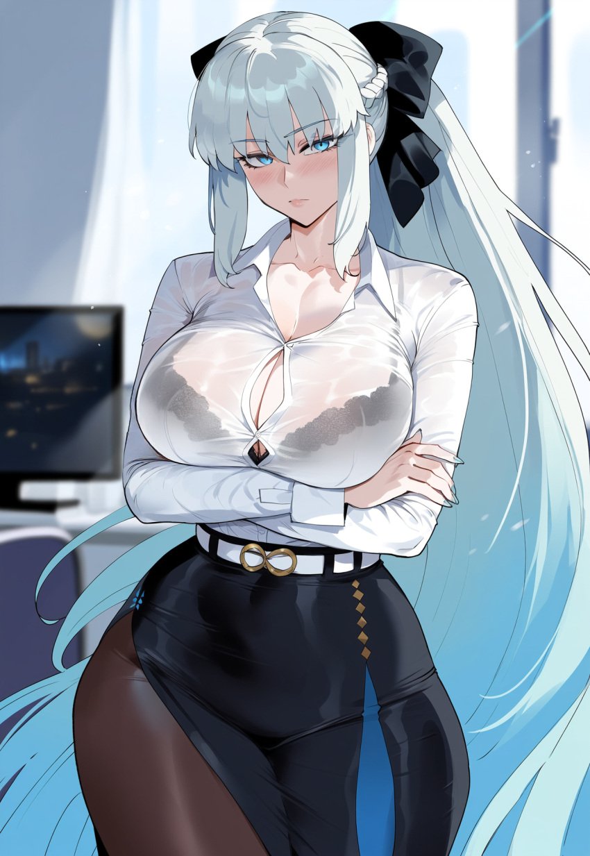 1girls ai_generated big_breasts blue_eyes breasts creamy_ai fate/grand_order fate_(series) female female_focus female_only fully_clothed huge_breasts large_breasts long_hair looking_at_viewer morgan_le_fay_(fate) office_lady ponytail visible_underwear wet_shirt white_hair