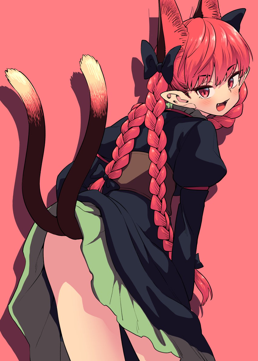 animal_ears ass black_dress bow braid cat_ears cat_tail clothes_lift cowboy_shot dress dress_lift extra_ears female fuuzasa hairbow kaenbyou_rin long_hair long_sleeves looking_at_viewer multiple_tails nekomata no_panties oerba_yun_fang open_mouth orange_background red_eyes red_hair rin_kaenbyou simple_background smile solo tail touhou twin_braids two_tails