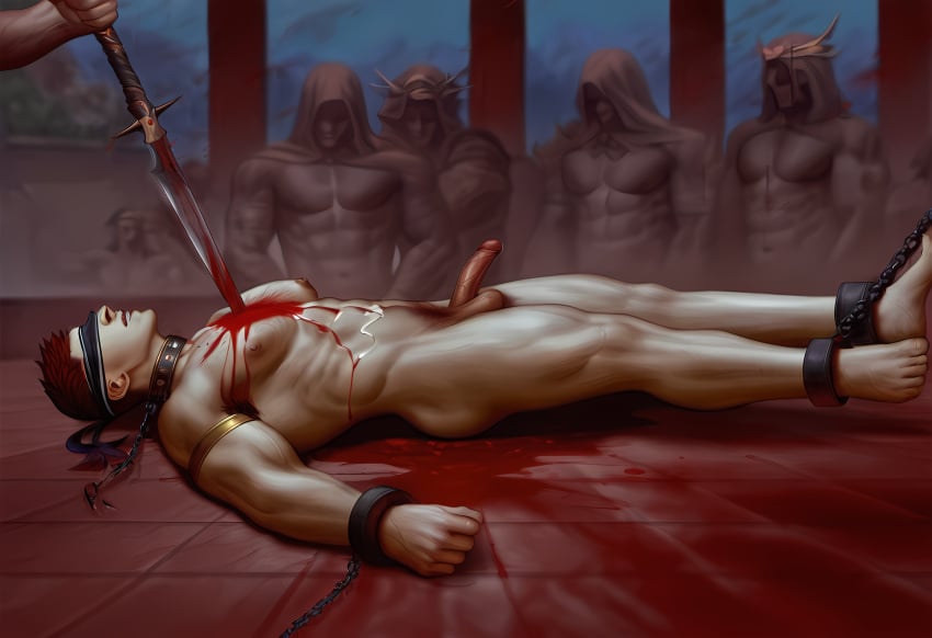 abs ai_generated ankle_cuffs armbands armpit_hair auburn_hair balls ballsack biceps blindfold blood blood_dripping blood_on_body blood_on_floor blood_on_ground blood_on_pectorals bloody_sword bound_ankles bound_wrists chained_ankles chains collar cowl cult cum_dripping cum_on_abs cum_on_body dead death_orgasm ginger_male human_sacrifice jeepguyinsd killed light-skinned_male macabre male male_focus male_only male_victim multiple_males muscle muscles muscular muscular_male nude_male original pecs pubic_hair quads red_hair redhead redhead_male ritual ritual_sacrifice sacrificial_offering semi-erect short_hair smooth_balls smooth_chest spectators stabbed_heart stabbed_in_heart supine sword testicles treasure_trail uncensored wrist_cuffs