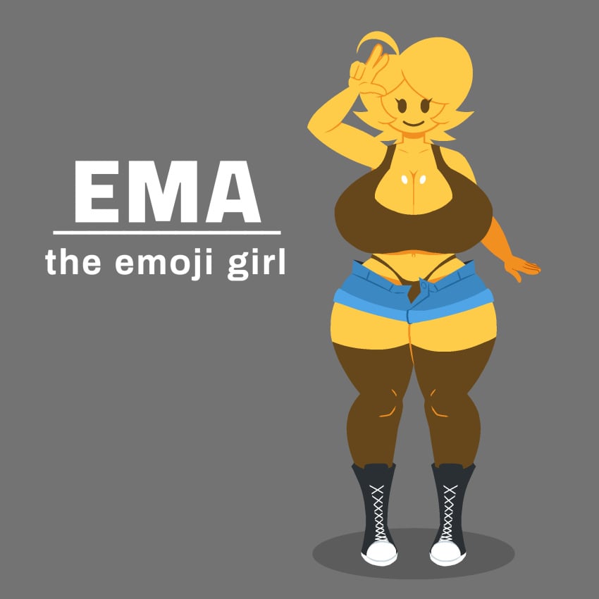 1female 1girls big_breasts bra breasts ema_(emoji) emoji emoji_(race) female female_only high_socks huge_breasts large_breasts reference_sheet short_hair short_jeans shorts solo_female solo_focus thick thick_thighs thighhighs yellow_body yellow_hair